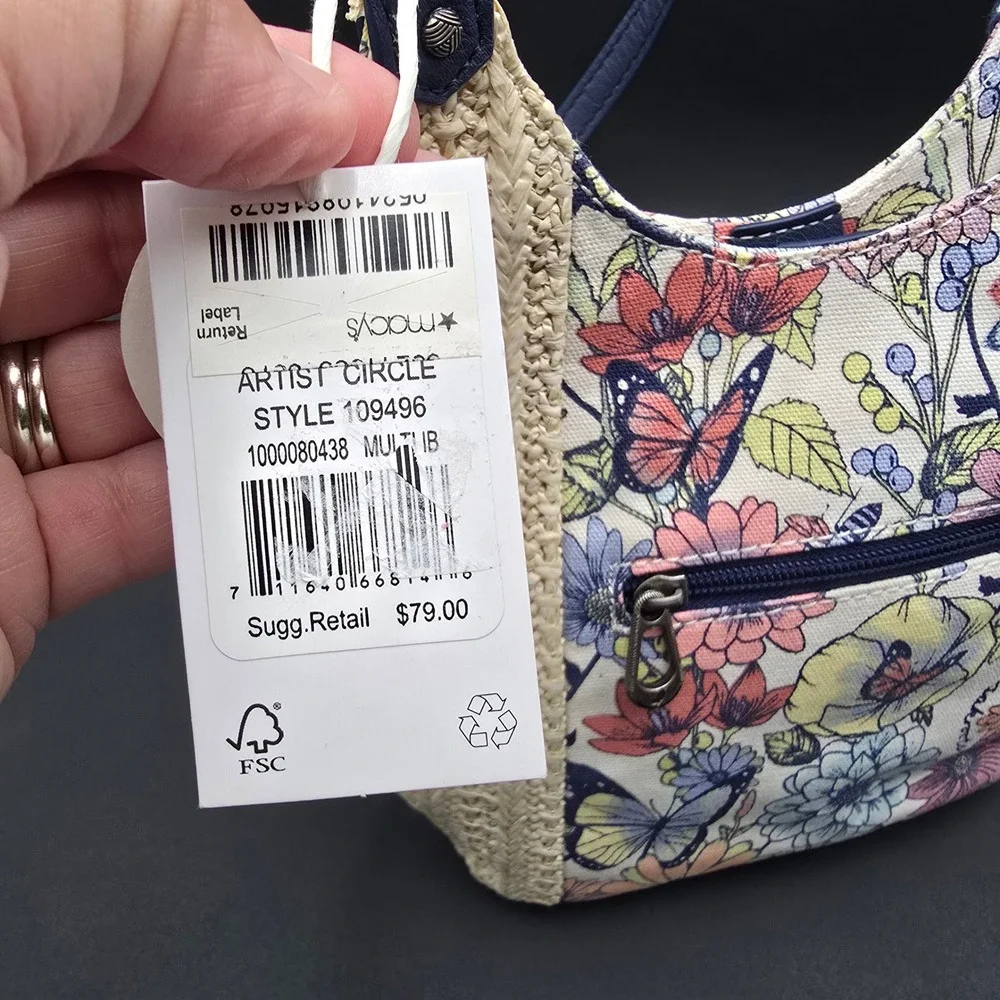 Sakroots Artist Circle Recycled City Straw Floral Butterfly Hobo Bag Navy Blue